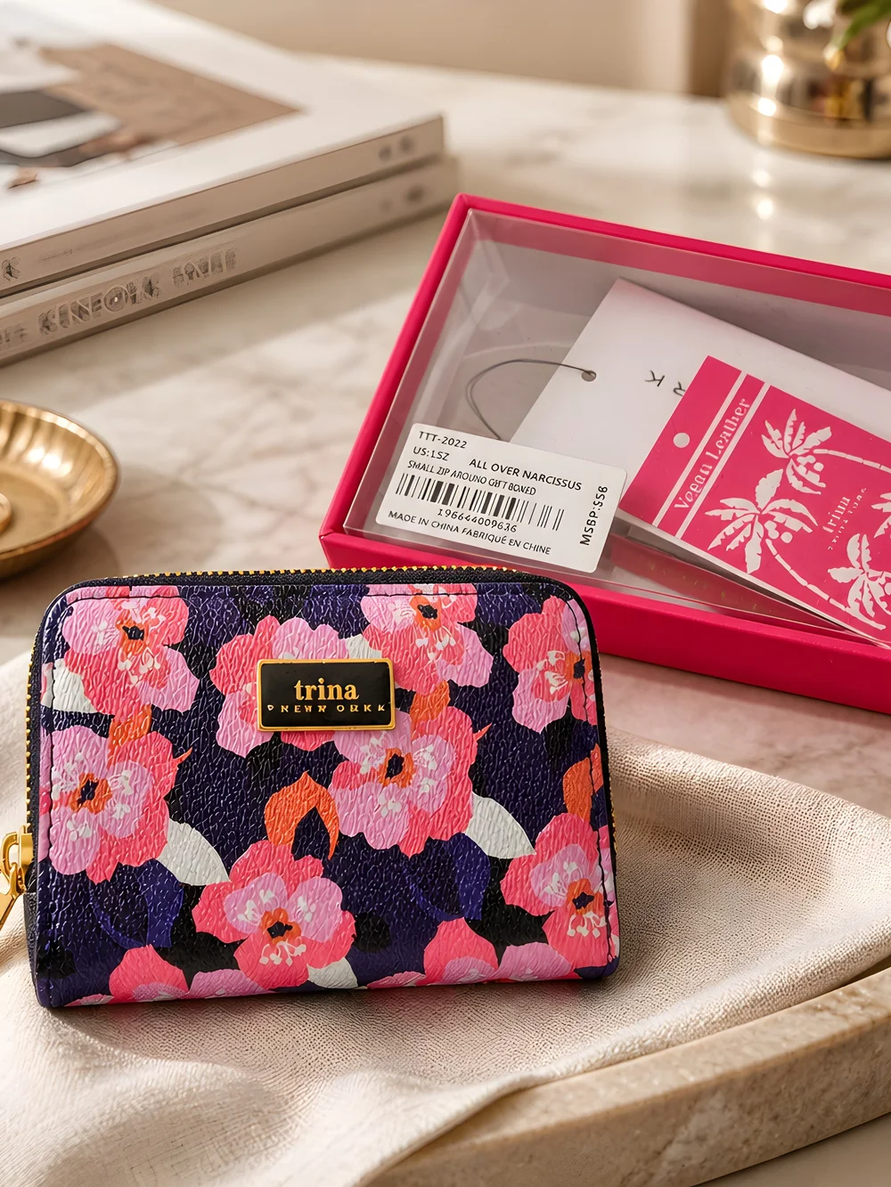 Trina Turk Pink Floral Zip Around Small Wallet-Vegan Leather